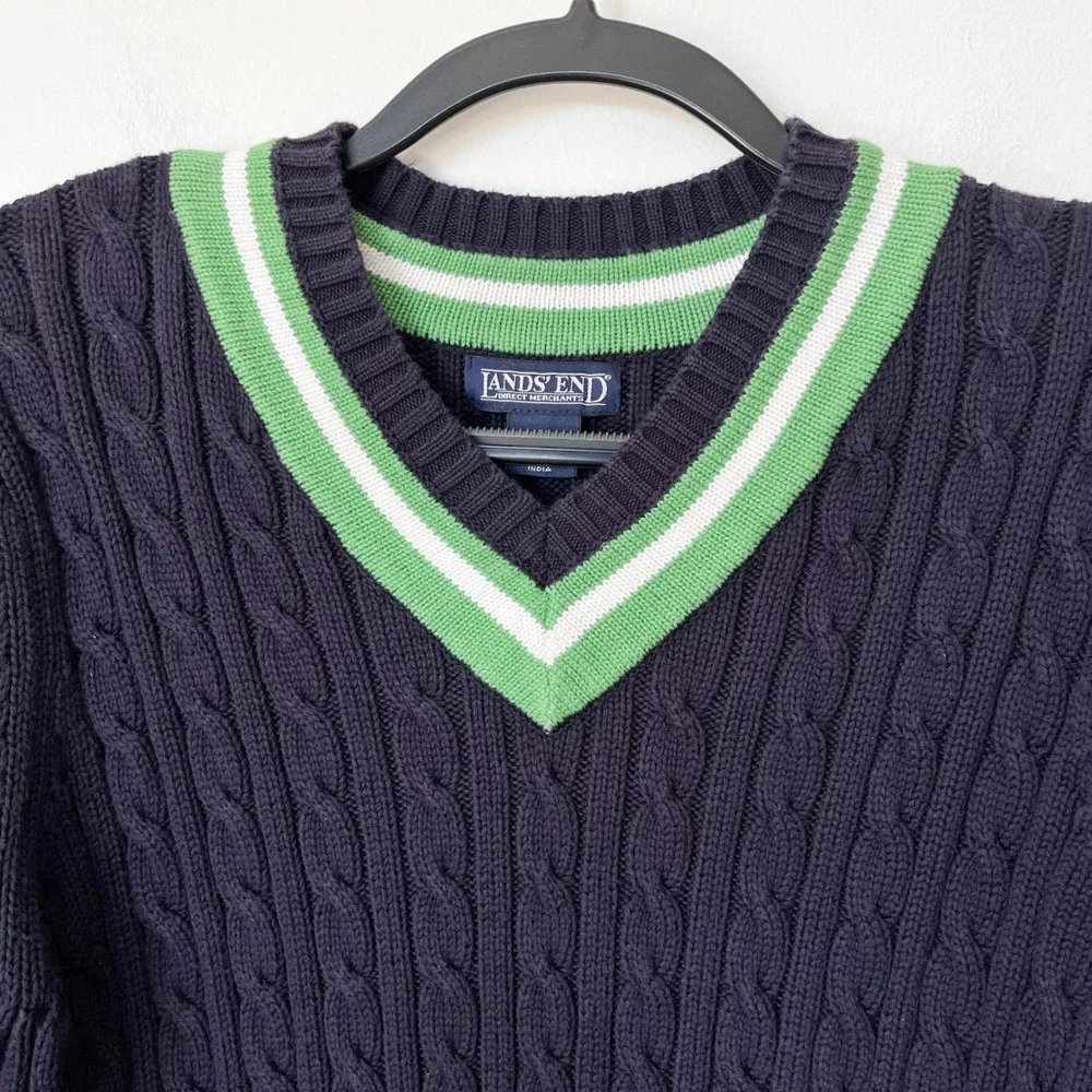 Lands' End Varsity Cable Knit V-Neck Sweater Women Medium Navy Green Tennis Prep